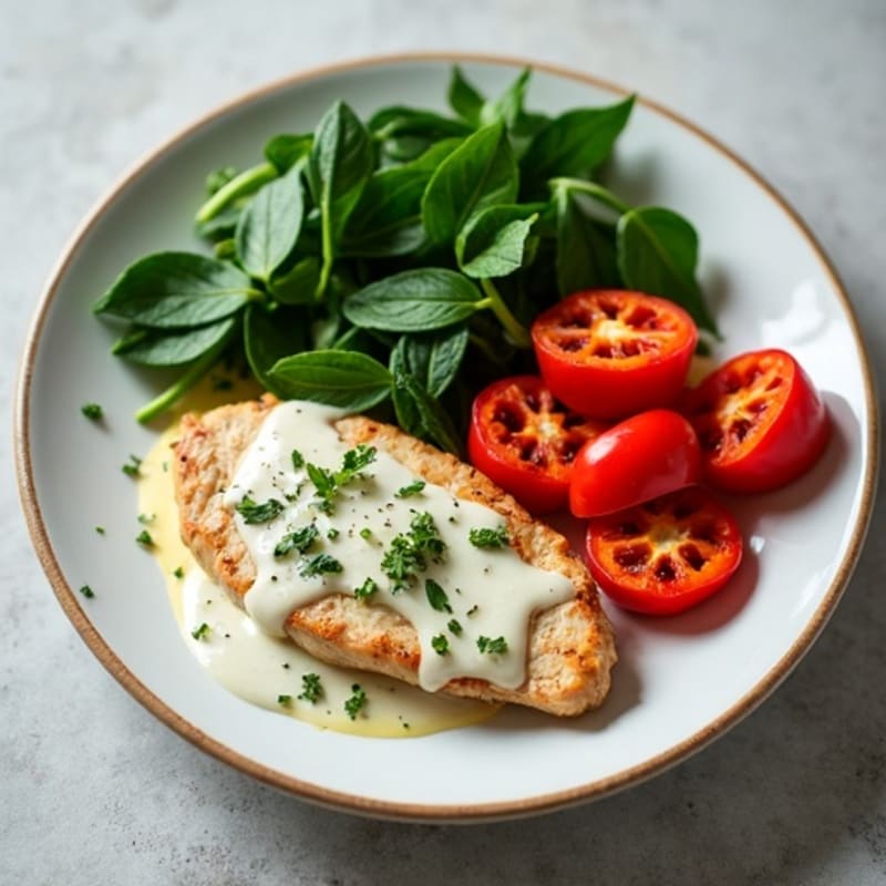 Creamy Garlic Herb Chicken with Wilted Spinach and Roasted Bell Peppers