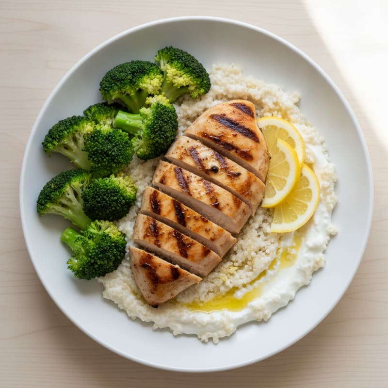 Grilled Chicken Breast with Creamy Quinoa and Steamed Broccoli