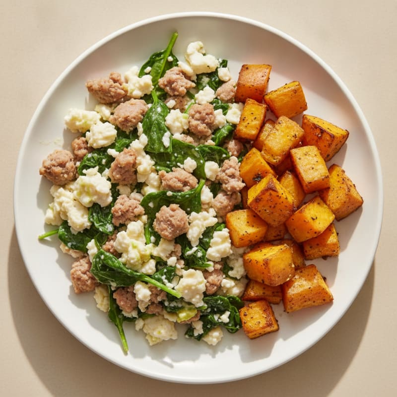 Egg White and Turkey Sausage Scramble with Spinach and Roasted Sweet Potatoes