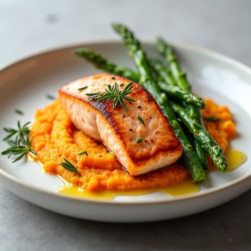 Seared Salmon Fillet with Roasted Asparagus and Sweet Potato Mash