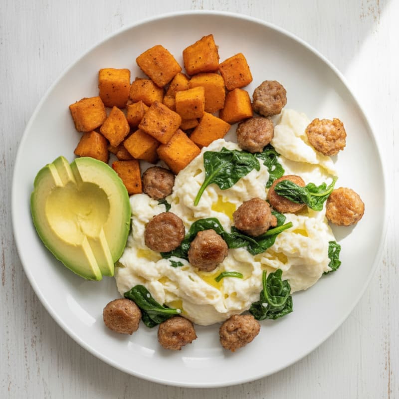 Egg White Scramble with Turkey Sausage and Spinach