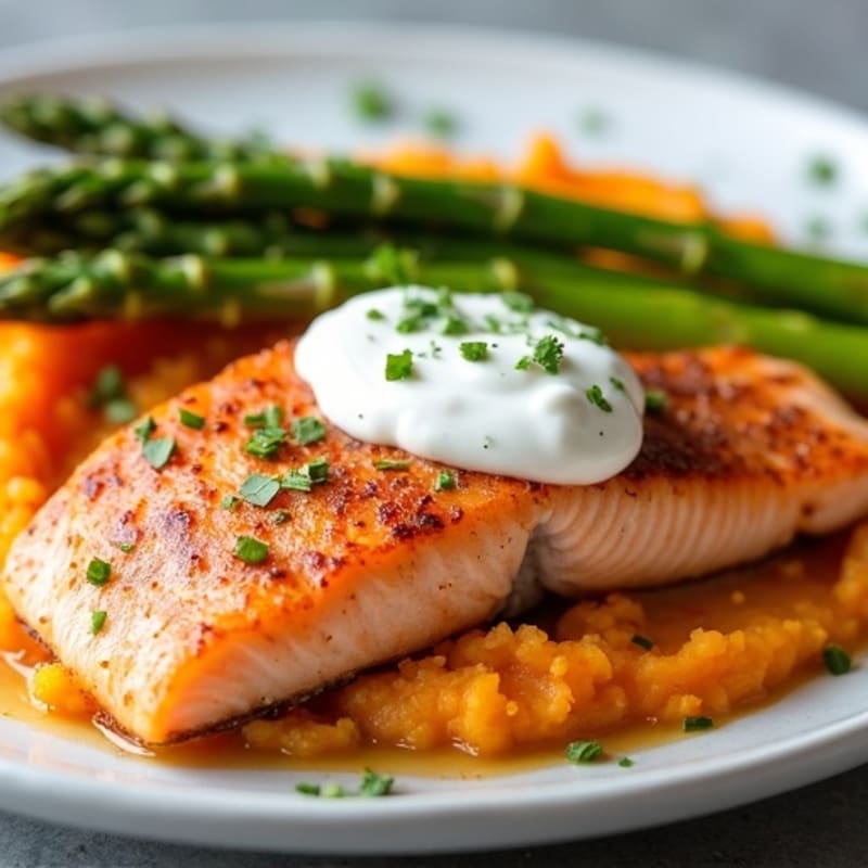Seared Salmon with Roasted Asparagus and Sweet Potato Mash