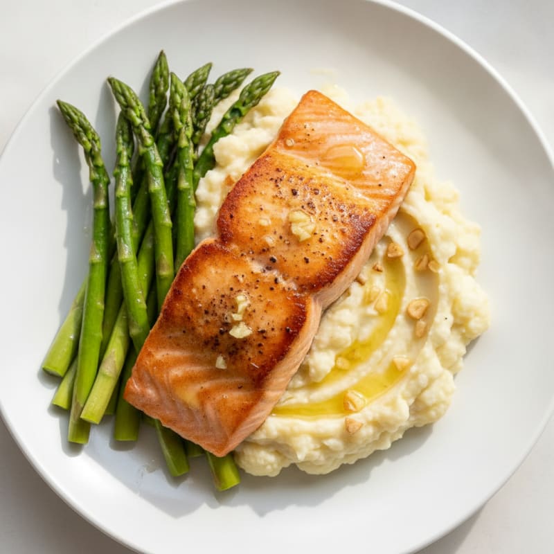 Seared Salmon with Steamed Asparagus and Garlic Mashed Cauliflower