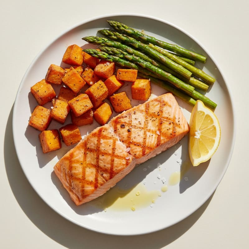 Seared Salmon with Roasted Sweet Potato and Asparagus