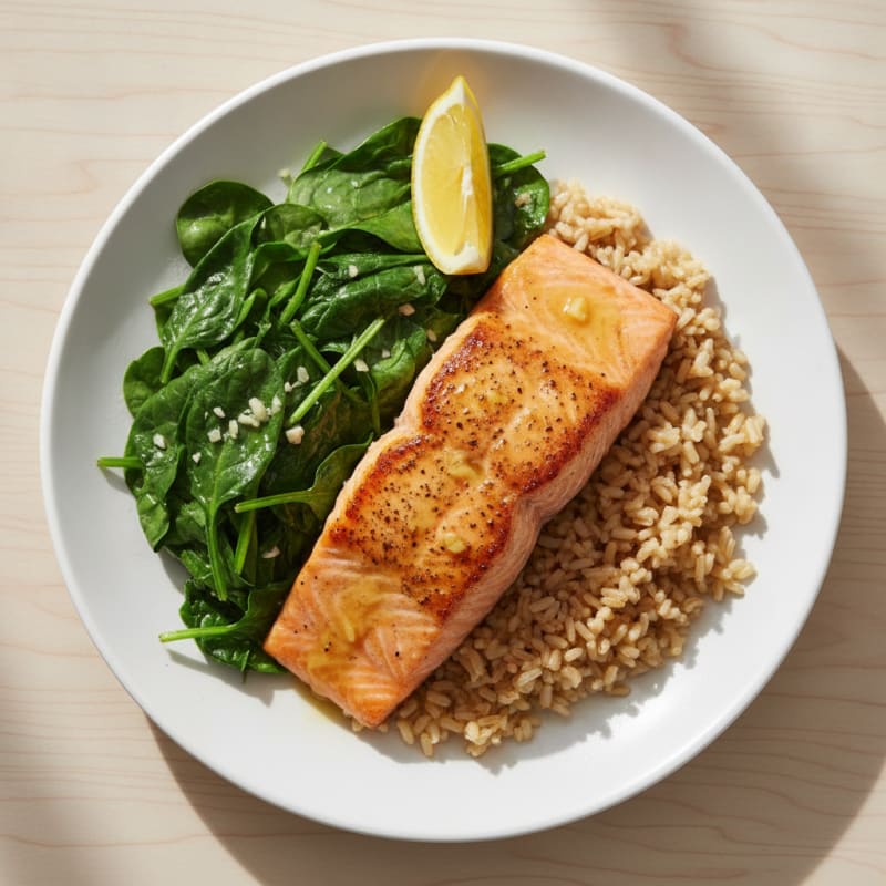 Seared Salmon Fillet with Brown Rice and Sautéed Spinach