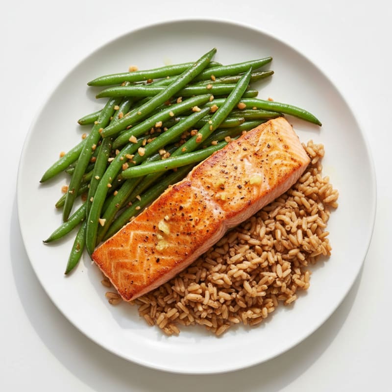 Seared Salmon with Garlic Green Beans and Brown Rice
