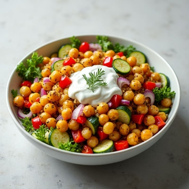 Crispy Roasted Chickpea and Vegetable Bowl with Creamy Lemon-Herb Dressing