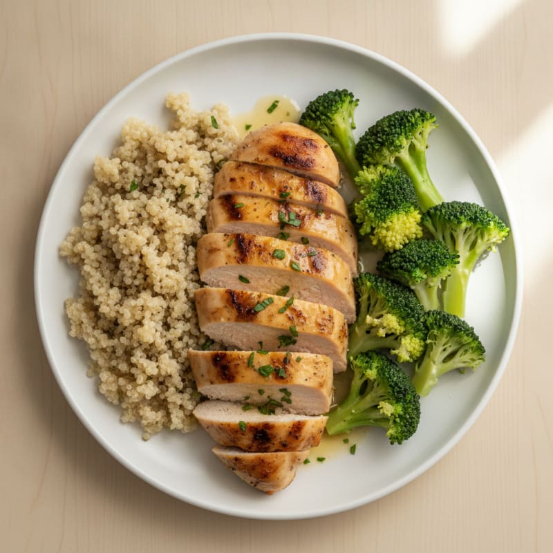 Grilled Chicken Breast with Steamed Broccoli and Quinoa