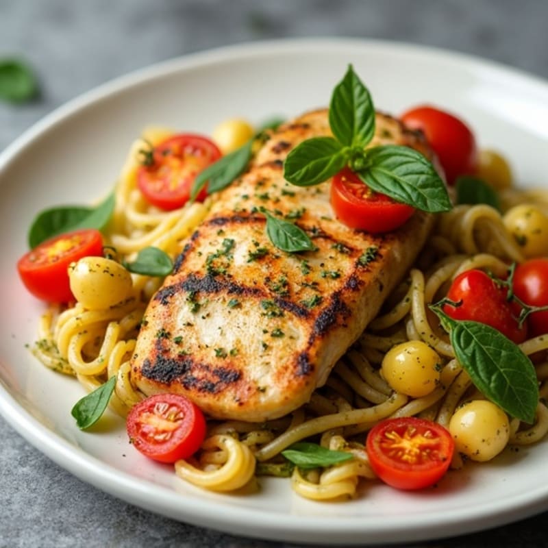 Fresh Pesto Chicken Pasta with Roasted Cherry Tomatoes