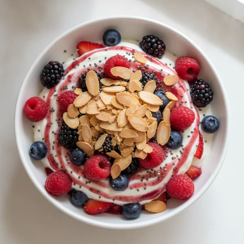 Greek Yogurt Protein Parfait with Mixed Berries and Almonds
