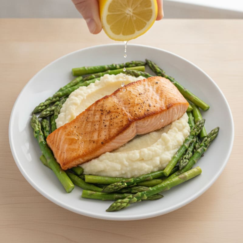 Seared Salmon with Steamed Asparagus and Cauliflower Mash