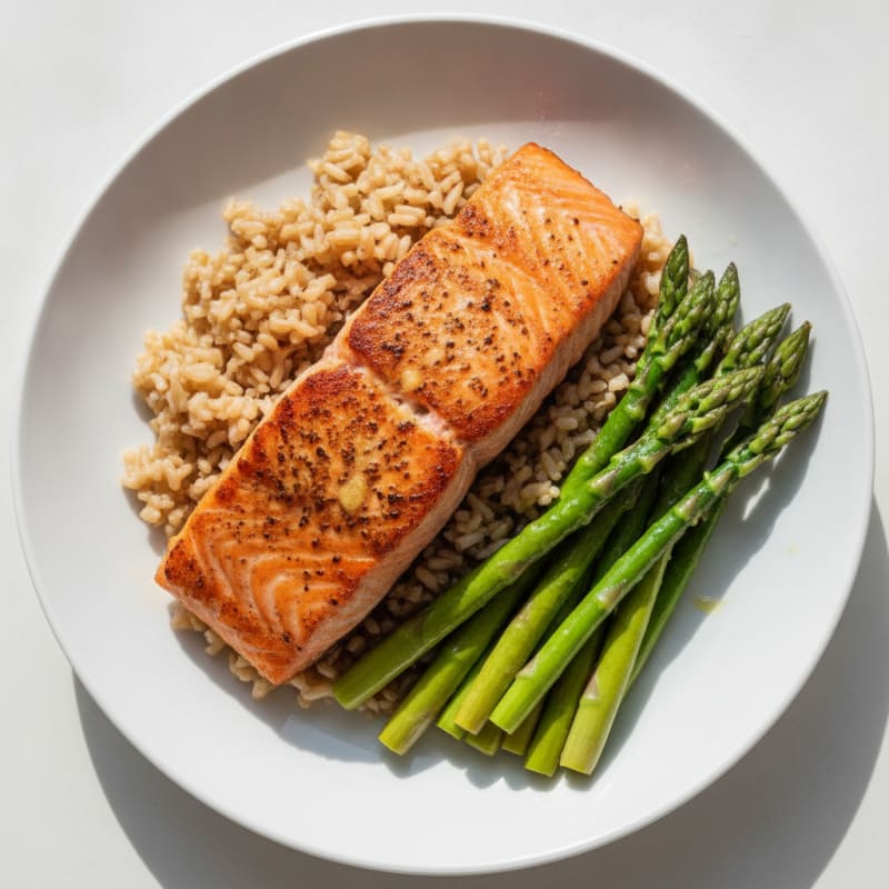 Seared Salmon Fillet with Steamed Asparagus and Brown Rice
