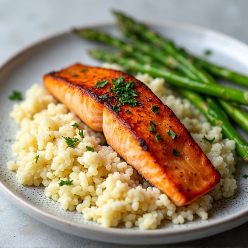 Seared Salmon Fillet with Steamed Asparagus and Cauliflower Rice