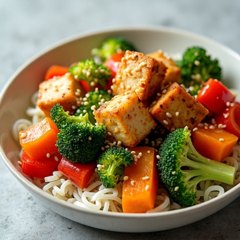 Crispy Sesame Tofu with Fresh Vegetable Stir-Fry