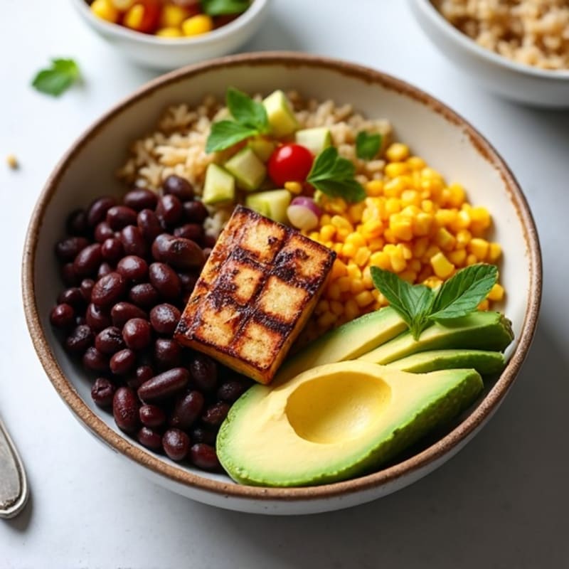 Hearty Black Bean and Brown Rice Bowl with Fresh Corn Salsa and Creamy Avocado