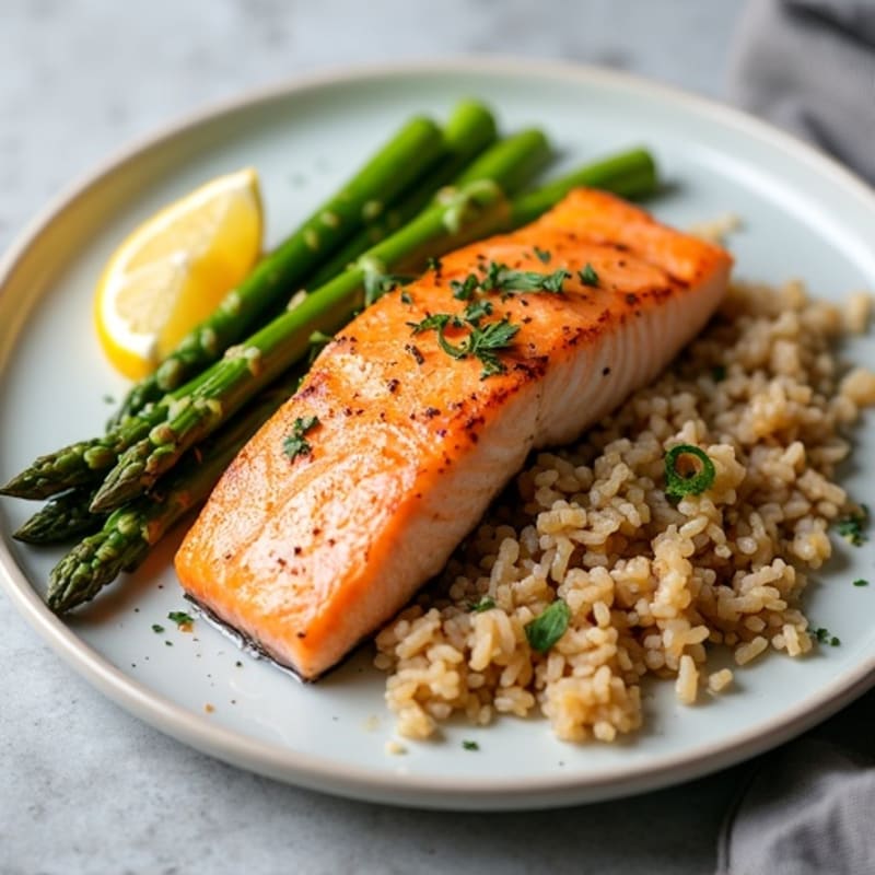 Seared Salmon Fillet with Steamed Asparagus and Brown Rice