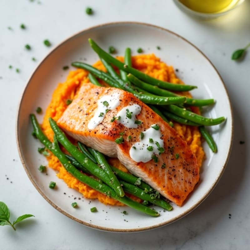 Seared Salmon Fillet with Steamed Green Beans and Sweet Potato Mash