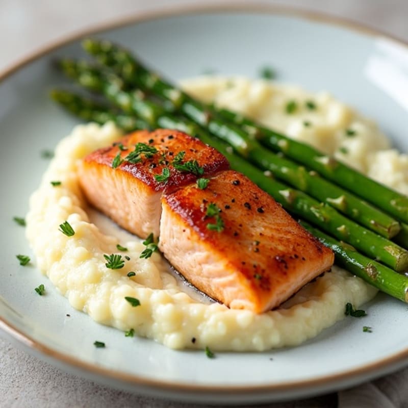 Seared Salmon with Steamed Asparagus and Cauliflower Mash