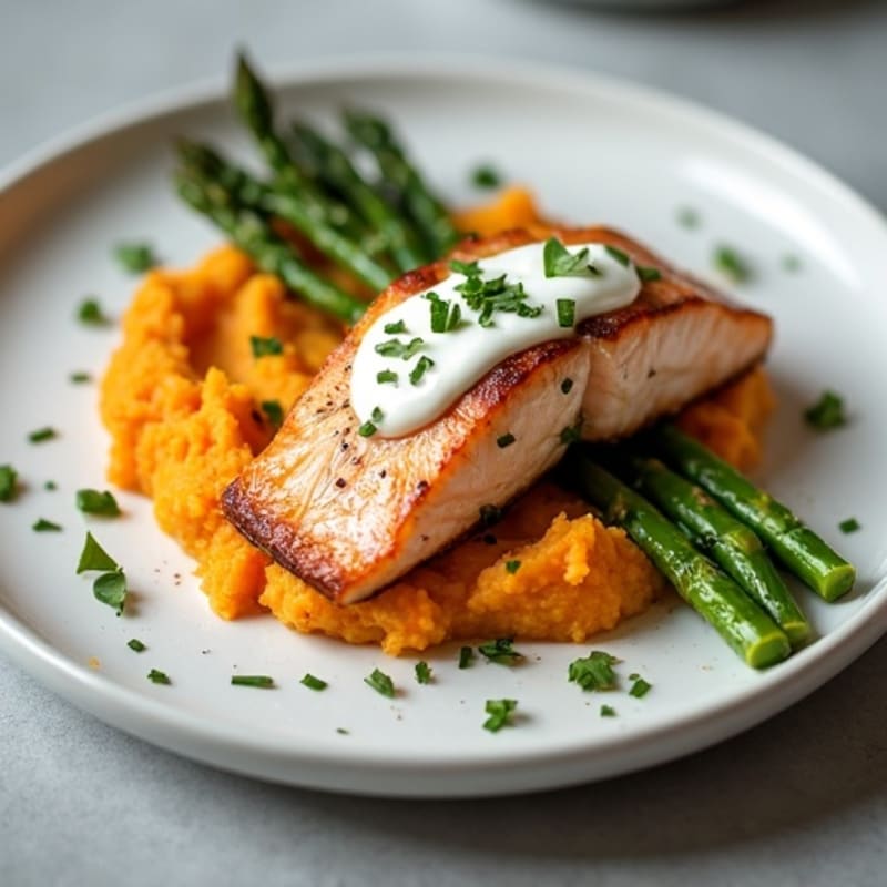 Seared Salmon Fillet with Roasted Asparagus and Sweet Potato Mash