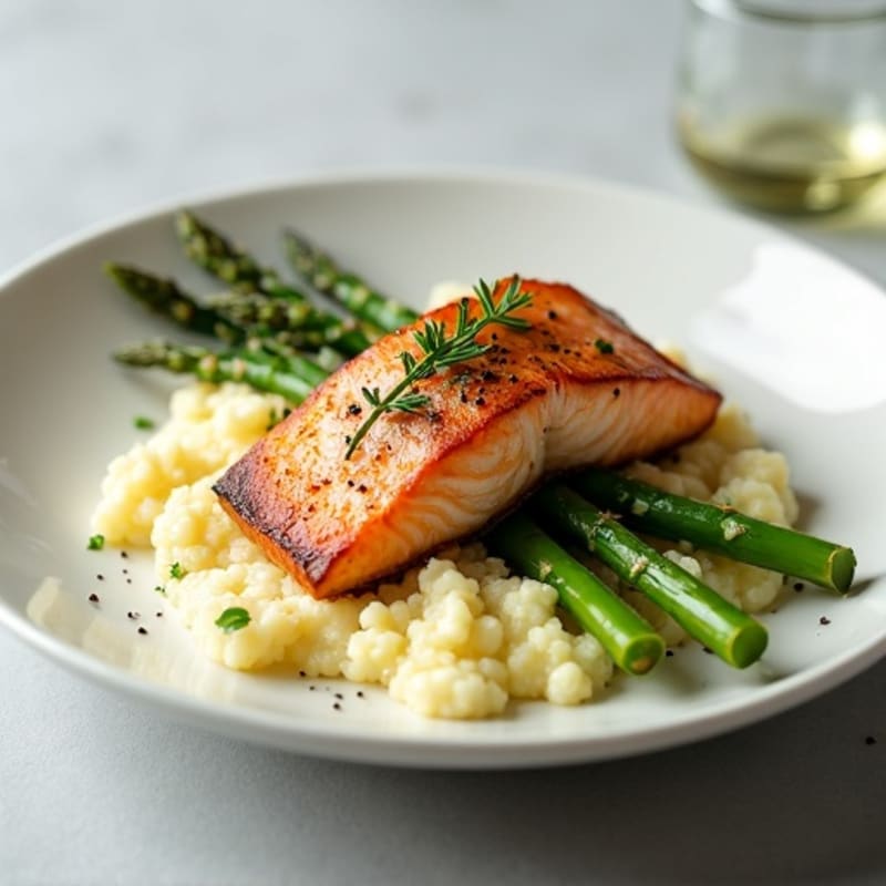 Seared Salmon with Steamed Asparagus and Cauliflower Mash