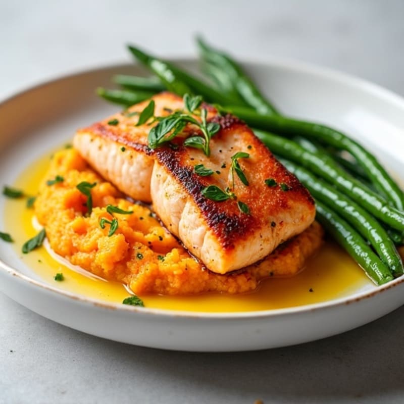 Seared Salmon with Garlic Green Beans and Sweet Potato Mash