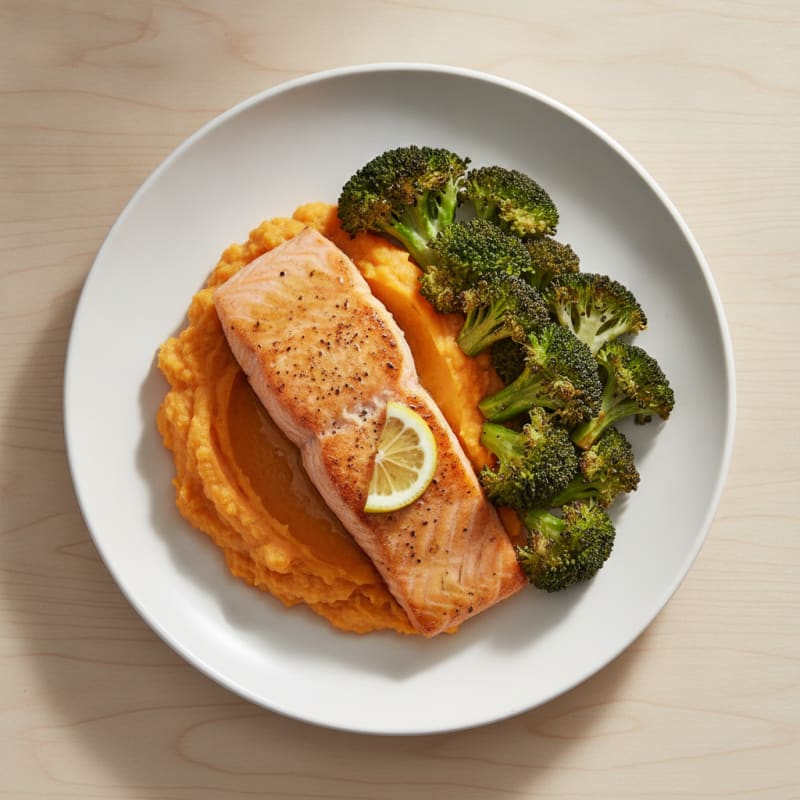 Seared Salmon with Roasted Broccoli and Sweet Potato Mash