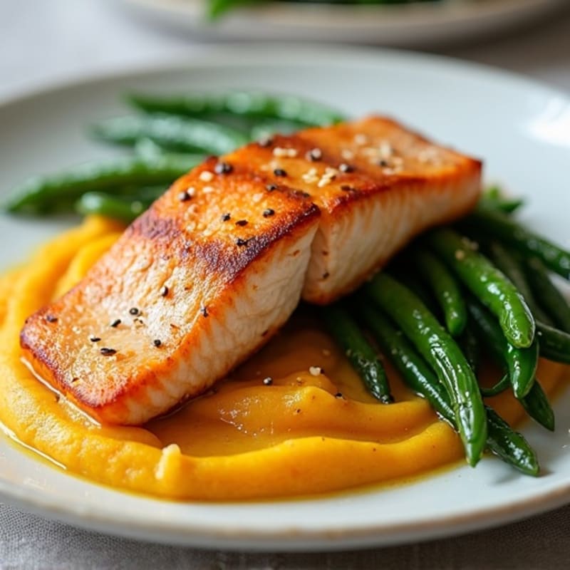 Seared Salmon with Garlic Green Beans and Sweet Potato Mash