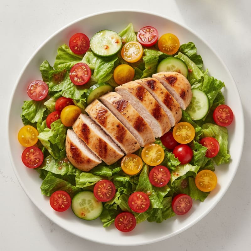 Grilled Chicken Breast with Crisp Romaine and Cherry Tomato Salad