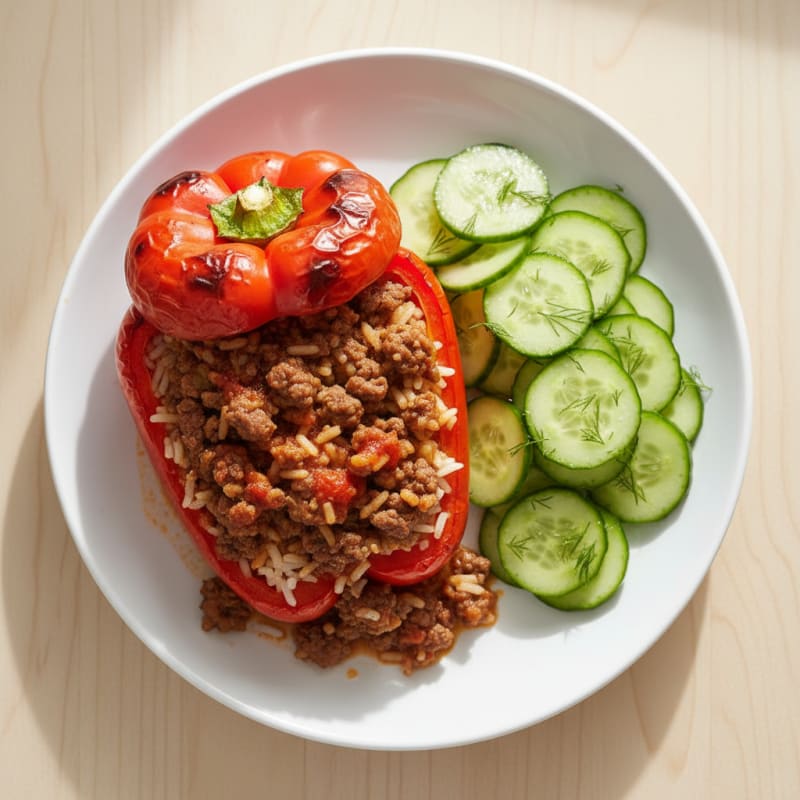 Beef and Rice Stuffed Pepper with Zesty Cucumber Salad