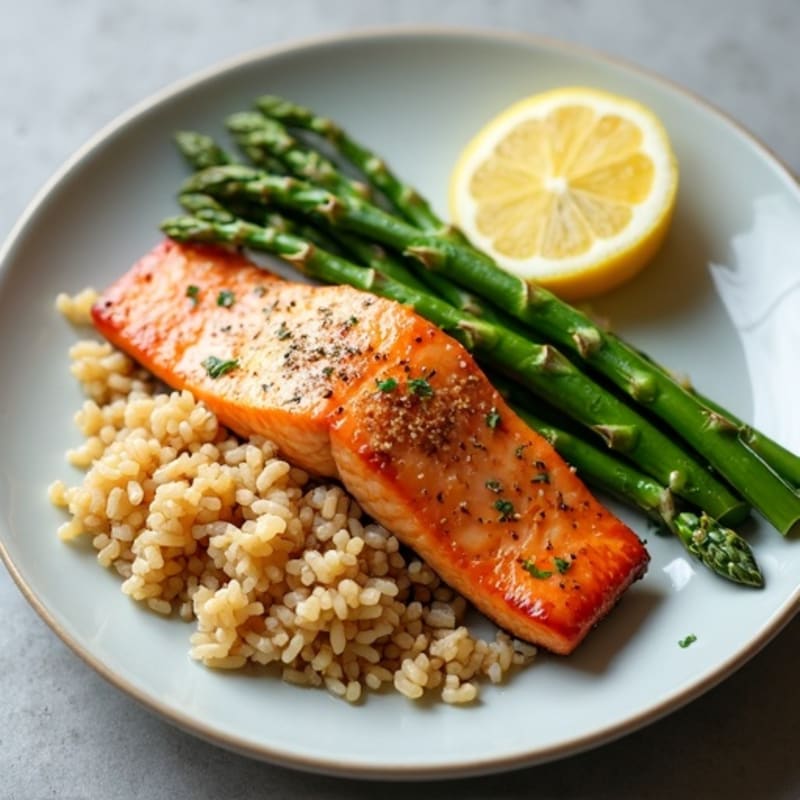 Seared Salmon with Steamed Asparagus and Brown Rice
