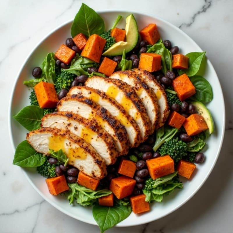 Crispy Roasted Sweet Potato and Plantain Salad with Black Beans and Fresh Greens