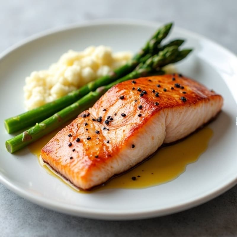 Seared Salmon with Steamed Asparagus and Cauliflower Mash