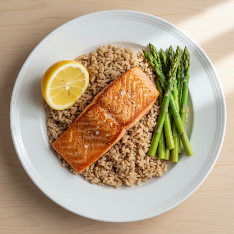 Seared Salmon Fillet with Steamed Asparagus and Brown Rice