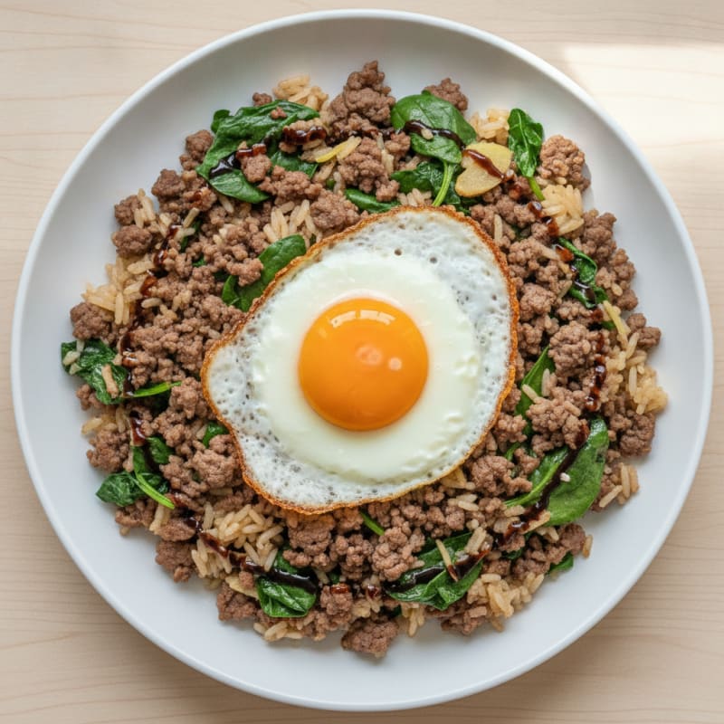 Ground Beef and Rice Stir Fry with Leafy Greens
