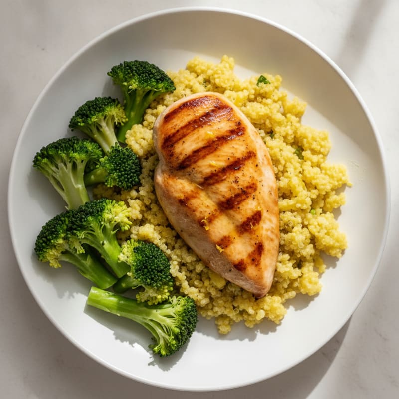 Seared Chicken Breast with Steamed Broccoli and Lemon Quinoa