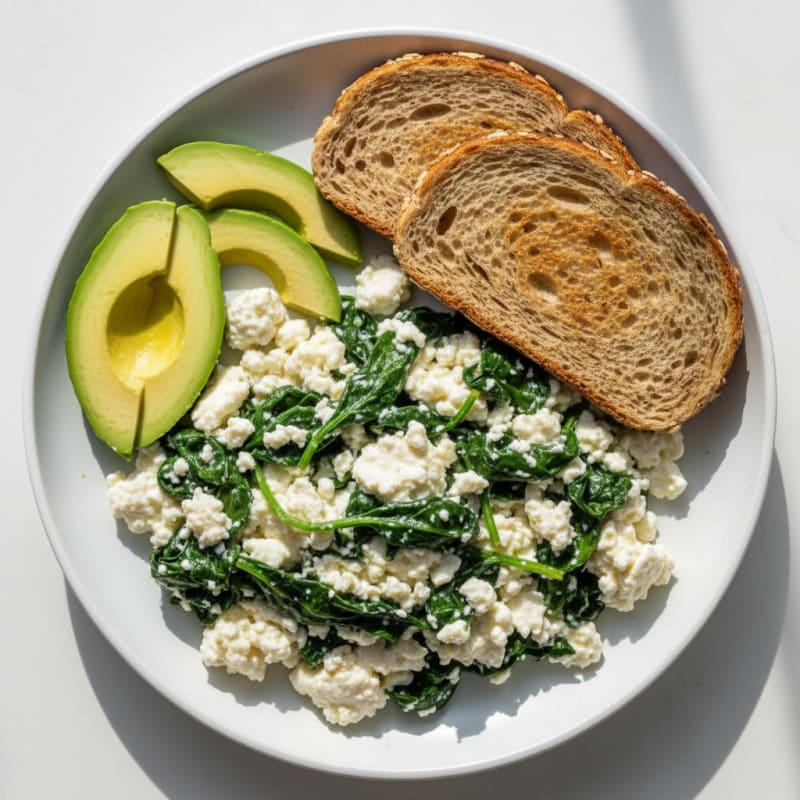 Egg White Scramble with Cottage Cheese and Sautéed Spinach