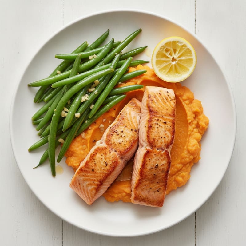 Seared Salmon with Garlic Green Beans and Sweet Potato Mash