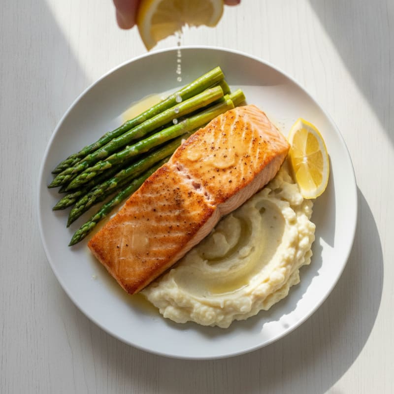 Seared Salmon Fillet with Steamed Asparagus and Garlic Mashed Cauliflower