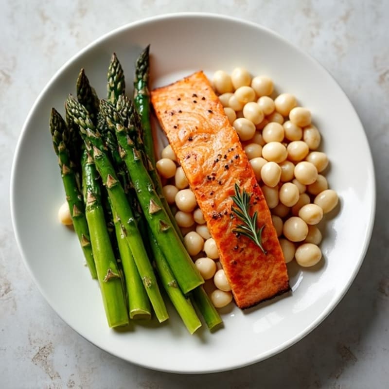 Seared Salmon Fillet with Roasted Asparagus and White Beans
