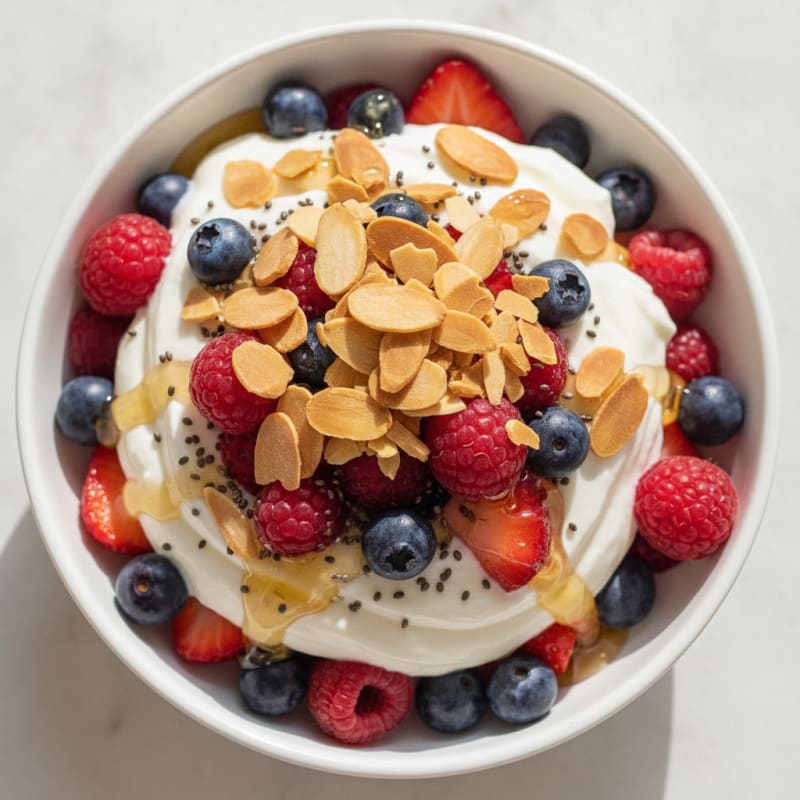 Greek Yogurt Protein Parfait with Mixed Berries and Almonds