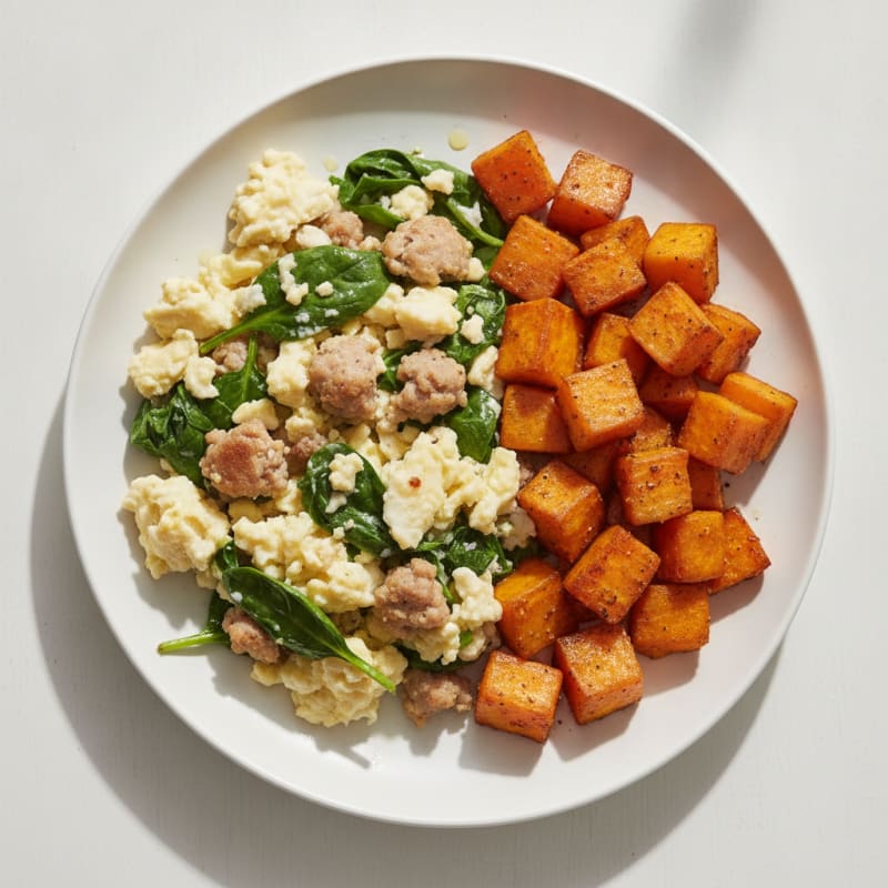 Egg White and Turkey Sausage Scramble with Spinach and Roasted Sweet Potato