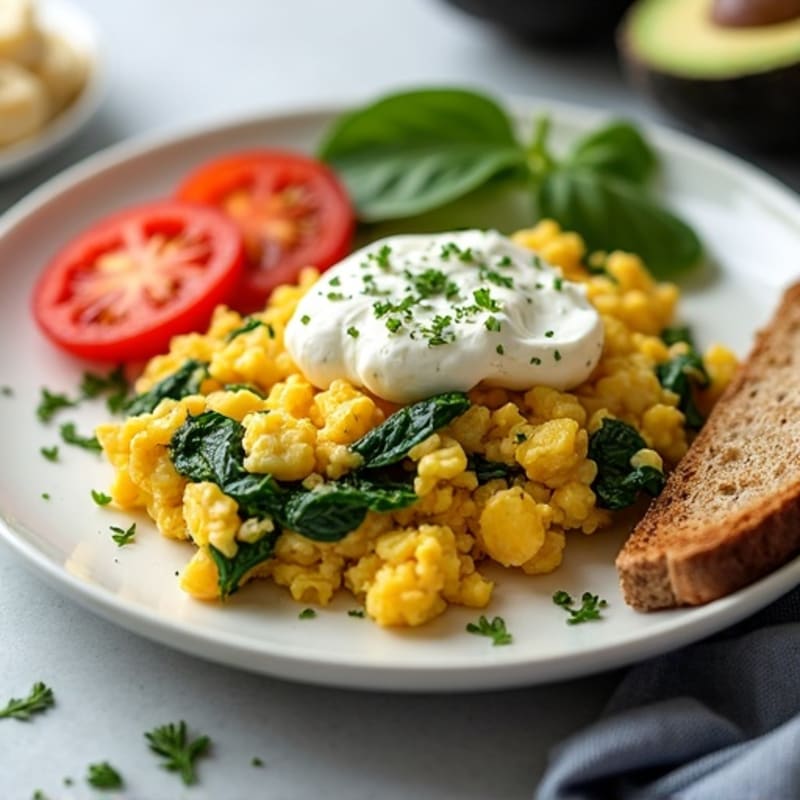 Egg White and Spinach Scramble with Cottage Cheese and Sliced Tomato