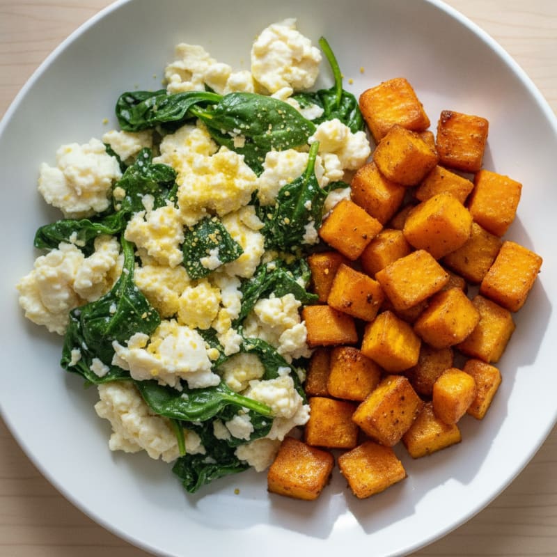 Egg White Spinach Scramble with Roasted Sweet Potato Cubes
