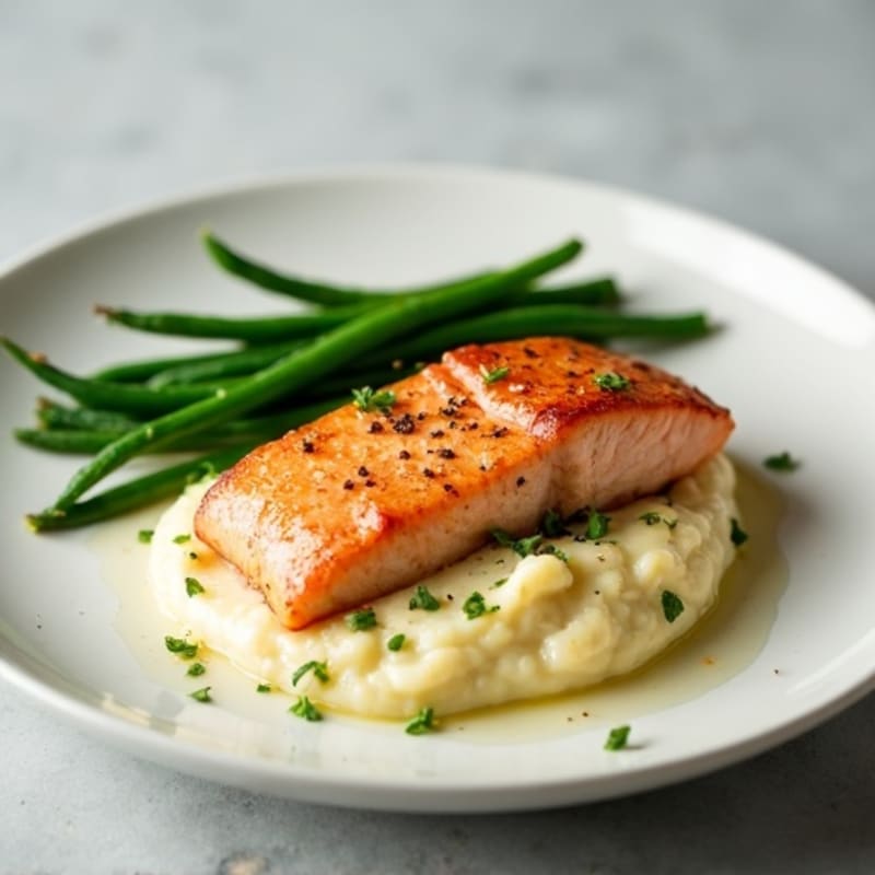 Seared Salmon with Steamed Green Beans and Garlic Cauliflower Mash