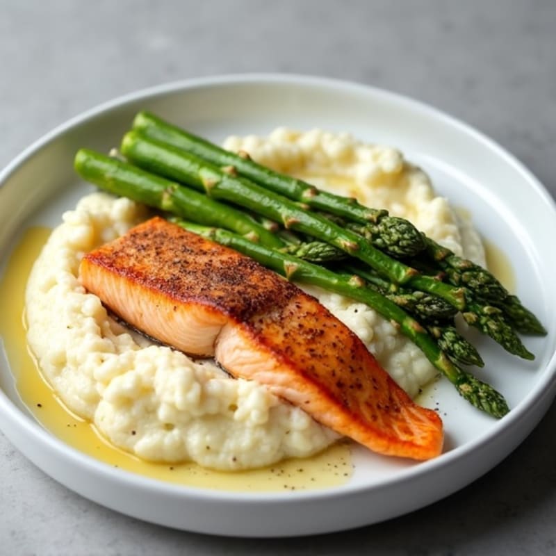 Seared Salmon with Steamed Asparagus and Cauliflower Mash