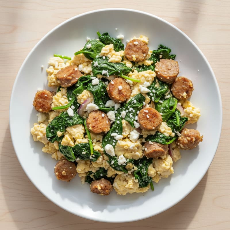 Egg White and Turkey Sausage Scramble with Sautéed Spinach