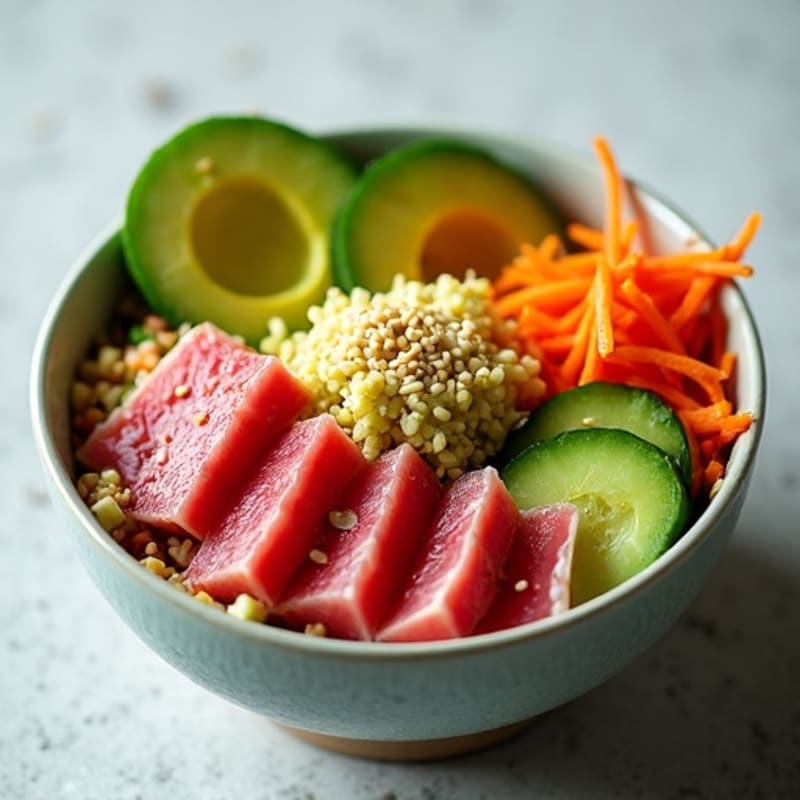 Fresh Ahi Tuna Poke Bowl with Crispy Veggies and Creamy Avocado