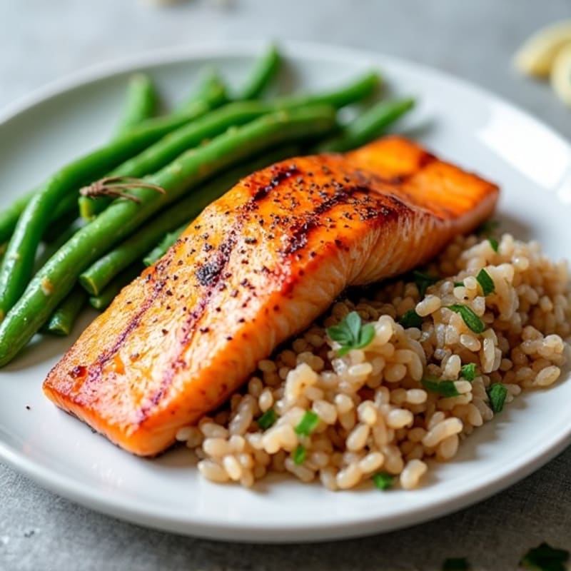 Seared Salmon with Steamed Green Beans and Brown Rice