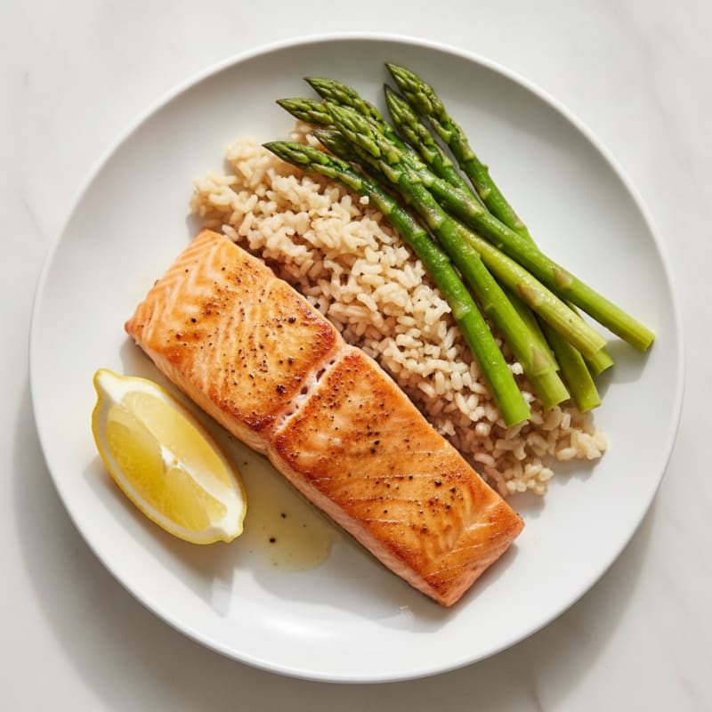 Seared Salmon Fillet with Steamed Asparagus and Brown Rice