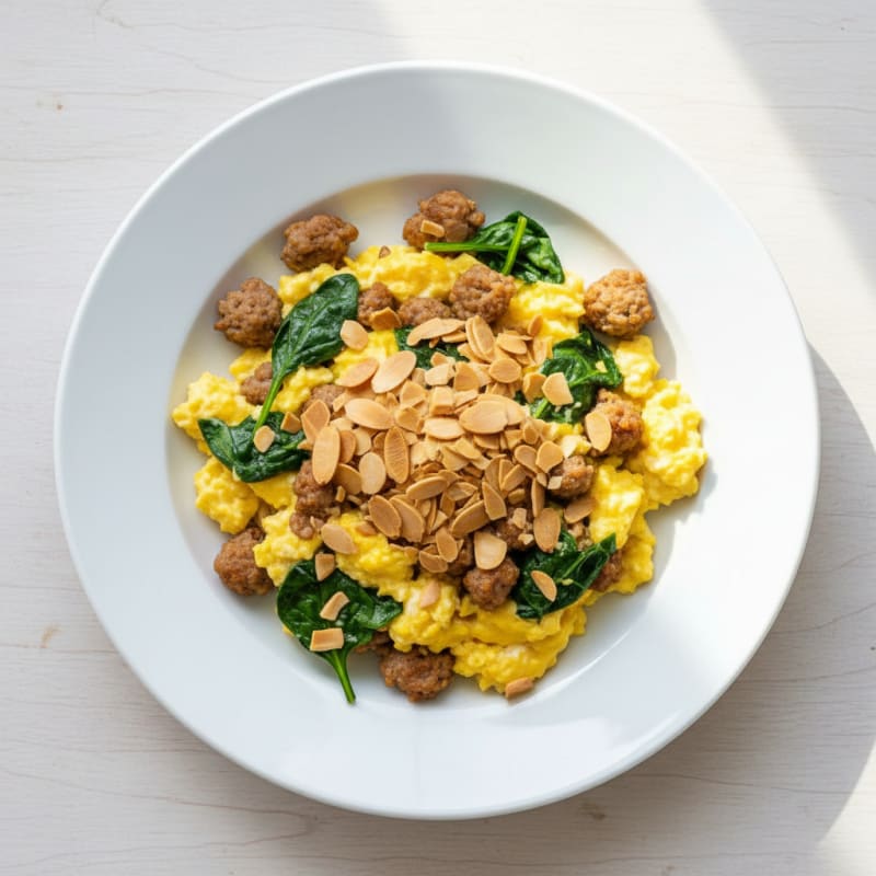 Scrambled Eggs with Turkey Sausage and Toasted Almonds